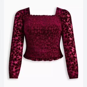 Torrid Velvet Smocked Blouson Sleeve Crop Blouse Magenta New Sz 1 1X 14-16 New